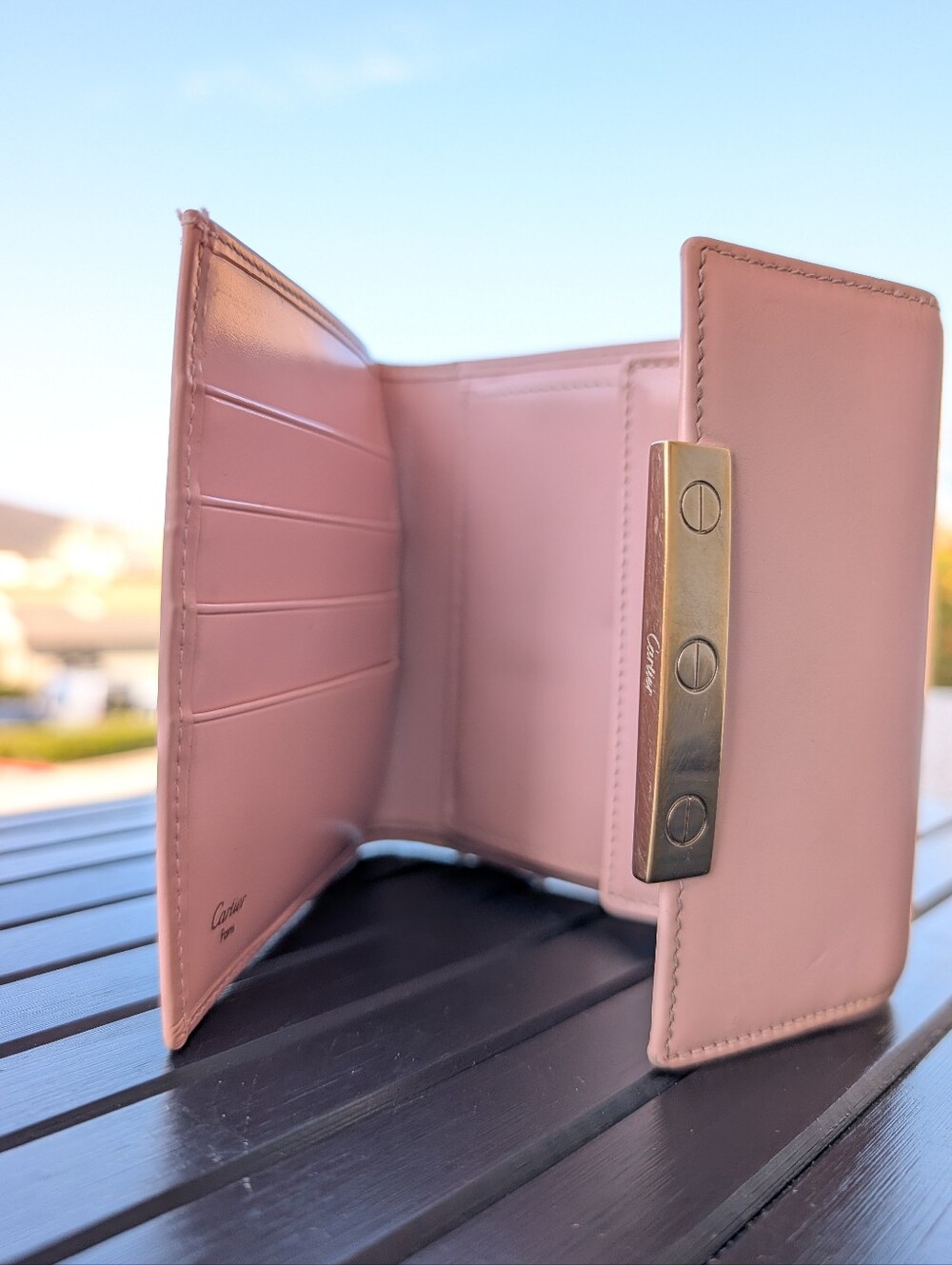 Vintage Cartier Eternity Rose Pink Leather Trifold Wallet Gold Hardware
